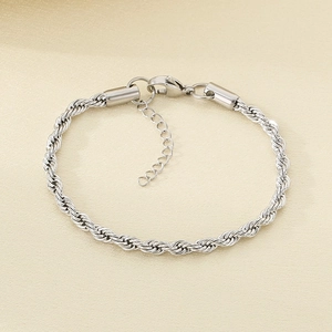 Detailed view of silver twist rope chain bracelet with lobster clasp and extender