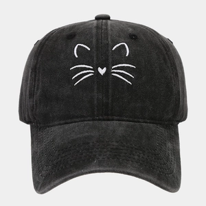 Vintage black washed cotton baseball cap featuring minimalist white cat embroidery design