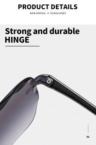 Detail view of durable metal hinges and screw connection on rimless square sunglasses