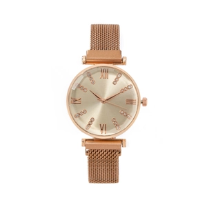 Women Fashion Quartz Watch Milanese Mesh Strap Magnetic Buckle Elegant Sunray Dial Rhinestone Roman Numerals Analog