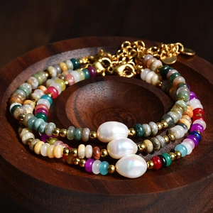 Bracelet En Perles Bohème Avec Agate En Pierre Naturelle Et Perle D'eau Douce Fermoir En Acier Inoxydable Bijoux Vintage