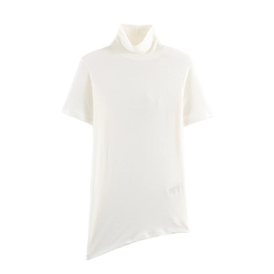Detail view of the white turtleneck tee with a minimalist asymmetrical hemline