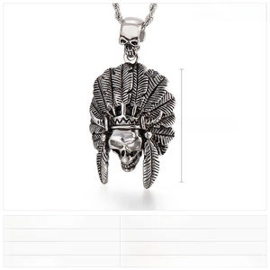 Macro detail of retro stainless steel Indian chief skull pendant with feather textures