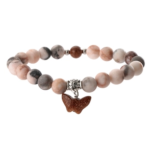 Agate Tiger Eye Turquoise Beaded Bracelet with Butterfly Pendant on White Background