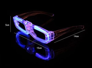Detailed dimension guide for LED glowing square glasses with blue light measurements