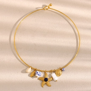 Starfish Shell Heart Ceramic Bead Necklace 18K Gold Plated Stainless Steel Marine Nautical Theme Choker For Women