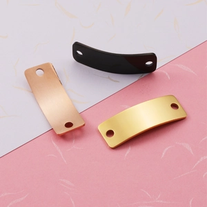 Polished rectangle curved metal tags with dual holes in black, gold, and rose gold