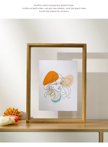 Detail of A4 double-sided transparent acrylic photo frame with natural wood texture frame