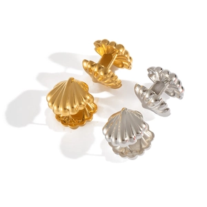 Shell-shaped stainless steel earrings in gold and silver finishes with striped texture