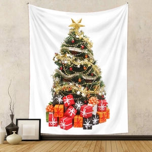 Arazzo da parete con albero di Natale e regali su tessuto bianco per decoro festivo