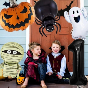Halloween balloon set featuring pumpkin, ghost and spider decorations with black number 1