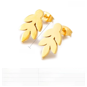 Detailed spec sheet showing gold leaf stud earrings dimensions of 18x10mm and 3g weight