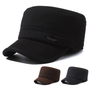 Men Cadet Cap Winter Warm Woolen Flat Top Hat With Ear Flaps Adjustable Outdoor Retro Military Style