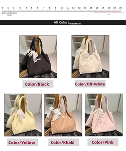 Detail view of five color options for tote bag with lace bow and LOVE patch detail