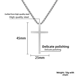 Detailed view of silver cross pendant in polished titanium steel with size 45mm x 25mm
