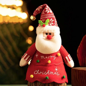 Christmas Santa plush doll with red knitted hat and Merry Christmas embroidery gift bag