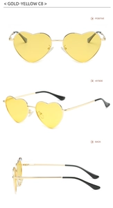 Detailed views of gold heart sunglasses with yellow lenses showing multiple angles