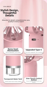 Detail view of pink handheld misting fan showing Type-C port and nano misting nozzle