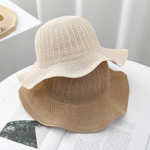 Women Hollow Knitted Bucket Hat Wide Brim Wavy Edge Sunshade Breathable Summer Outdoor Beach Fisherman Hat Foldable