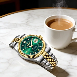Macro shot of green dial watch with calendar on marble desk next to a coffee cup