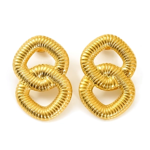 Textured gold-plated stainless steel ribbed twist stud earrings on a white background