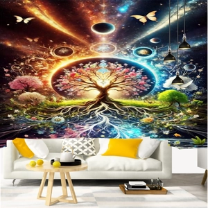 Detail of a large psychedelic Tree of Life tapestry with cosmic stars and butterfly patterns
