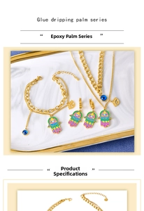 Detail of Hamsa Hand and Evil Eye gold jewelry set with colorful enamel finish