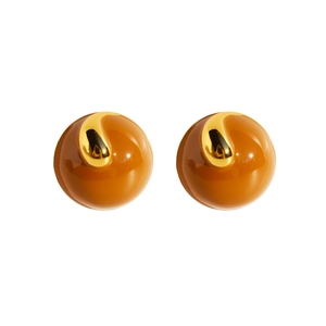 French retro round caramel brown enamel stud earrings with golden metallic wave accents
