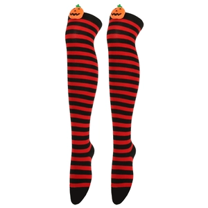 Detail of Halloween over-knee socks with red-black stripes and pumpkin decorations