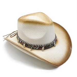 Retro distressed straw cowboy hat with bohemian woven band and silver pendants