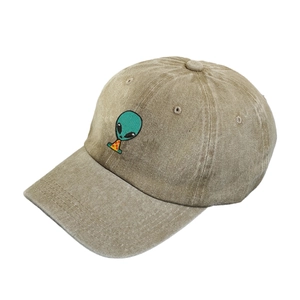 Vintage khaki washed cotton baseball cap with green alien embroidery for men and women