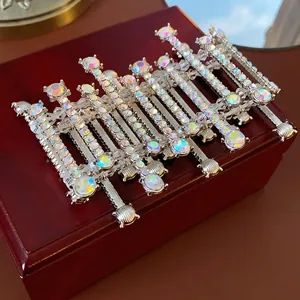 Sparkling crystal flower hair comb with silver metal base and rainbow AB rhinestones
