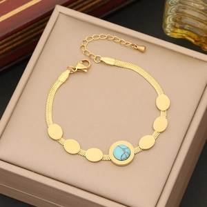 Bracciale a catena serpente dorata con piastra ovale e turchese tondo in cofanetto