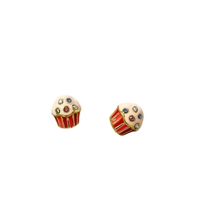 Cute Korean style cupcake stud earrings with colorful zircon and sweet pink cream design