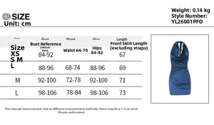 Detailed size chart for the navy satin halter neck backless bodycon mini dress