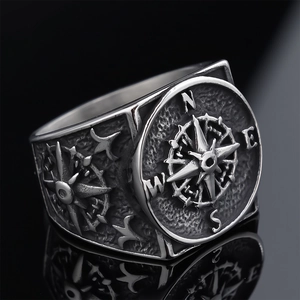 Vintage stainless steel Viking compass ring for men with antique silver finish and mirror reflection