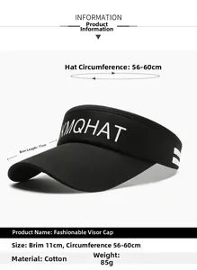 Detail view of black cotton sun visor showing 11cm brim and adjustable 56-60cm size