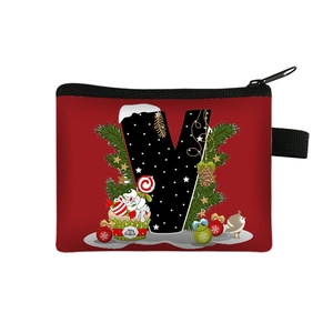 Christmas letter V red coin purse with festive holiday prints and zipper closure
