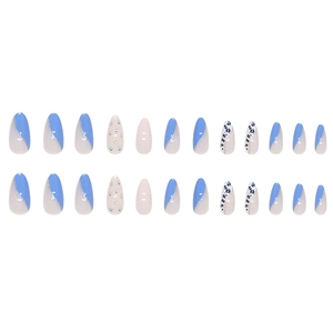 Almond-shaped sea blue leopard print press-on nails with glitter and rhinestones