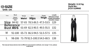 Size chart detail for lace halter jumpsuit showing bust, waist, hips, and length in cm