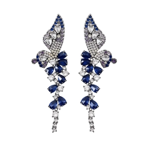 Silver needle wing flower butterfly tassel drop earrings with blue and purple stones