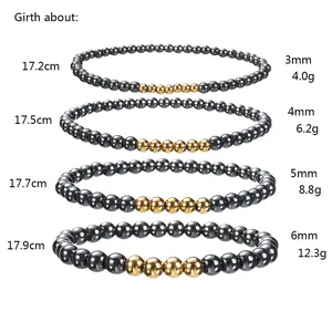 Detailed size specifications for elastic beaded black stone and steel mens bracelet