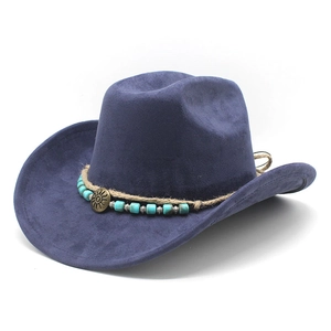 Navy blue faux suede western cowboy hat with ethnic braided band and sun medal