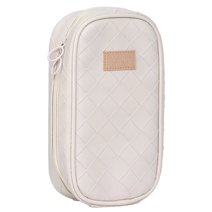 Vertical woven texture pencil case in cream white with dual zippers and large capacity