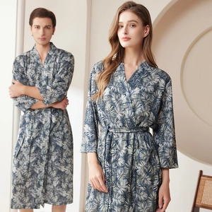 Tropical Palm Leaf Print Bathrobe Waffle Texture Quick Dry V Neck Belted Robe Summer Thin Sleepwear For Women Men Couple