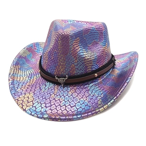 Iridescent snakeskin western cowboy hat with silver bull head badge and scale texture