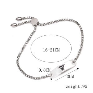 Adjustable silver medical alert bracelet with Caduceus symbol and dimensions detail
