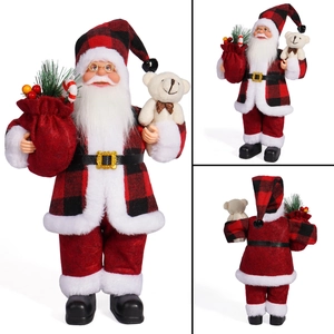 12-inch standing Santa Claus doll in red plaid outfit with teddy bear and gift bag