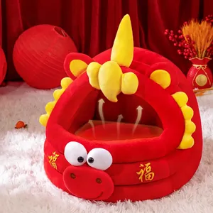 Festive red cat bed for Chinese Year of the Horse with warm plush fabric and福 embroidery