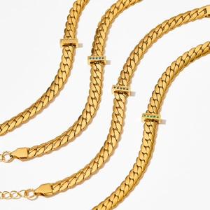 Gold snake chain necklaces with multi-color rectangular gemstone pendants on white background